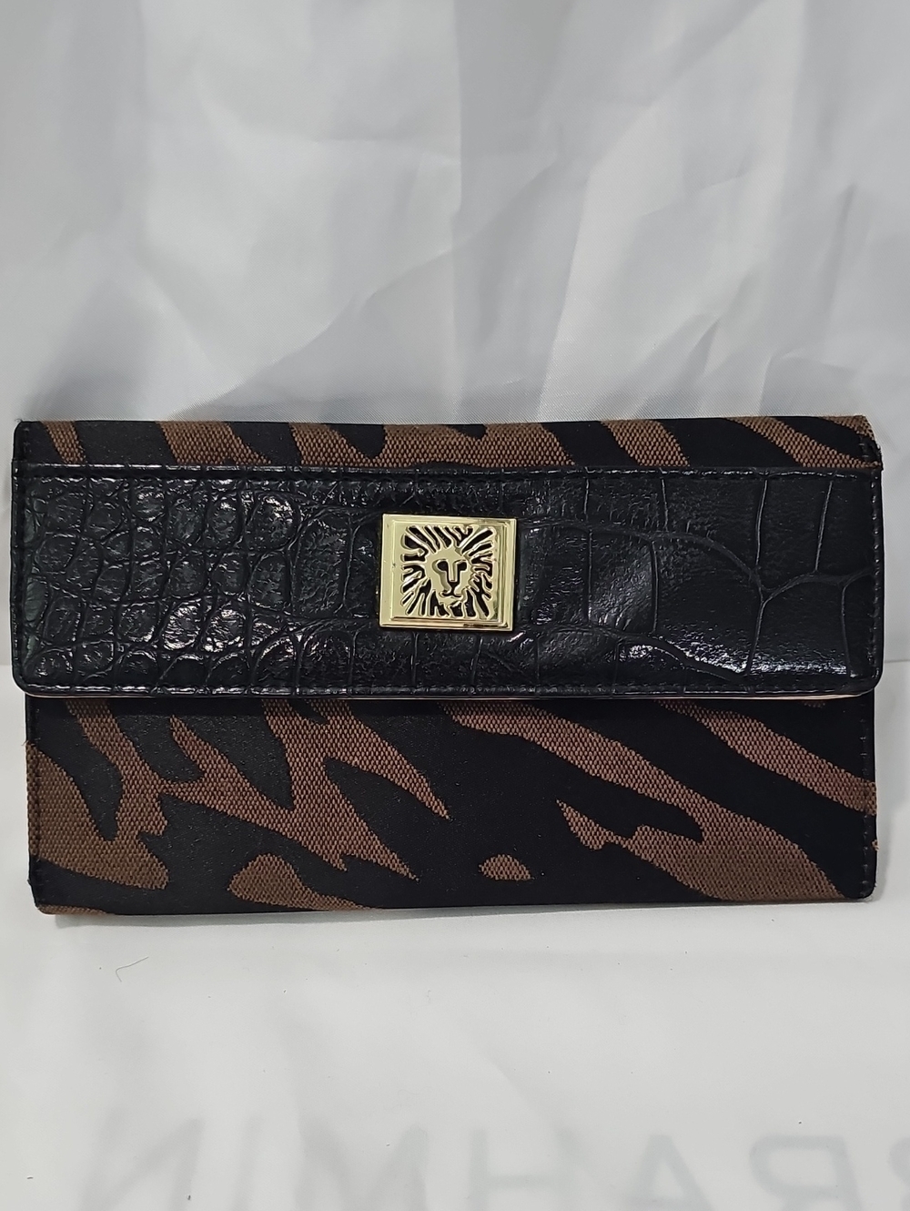 Anne Klein Black and Brown Animal-Print Foldover Clutch Wallet